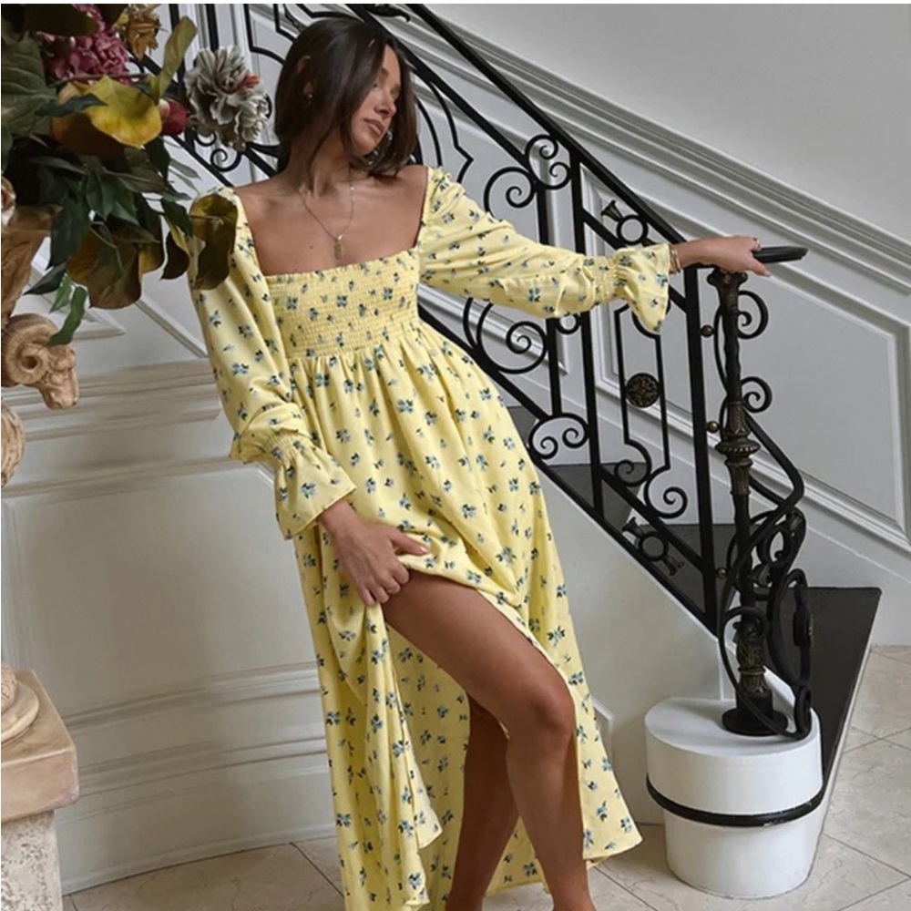 Weworewhat Yellow Floral Smocked Maxi Dress with Puff Sleeves